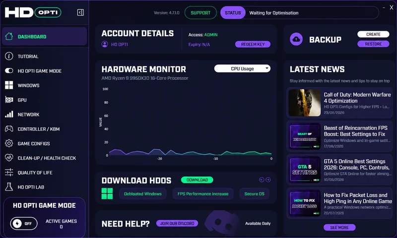 HD OPTI dashboard with hardware monitoring, account details, backup tools and latest news