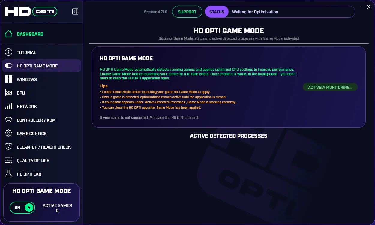 HD OPTI Game Mode screen with usage guidance, active monitoring status and detected processes